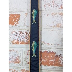 Leather Man Ltd. Mahi Mahi Fish Belt Mens 44 Navy Blue Embroidered Leather Brass